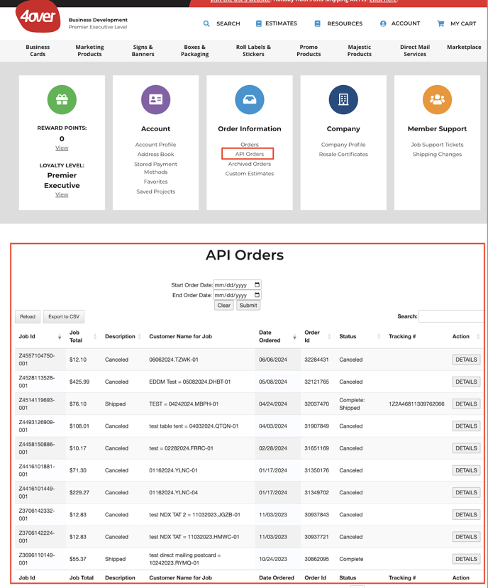 API orders page on 4over.com